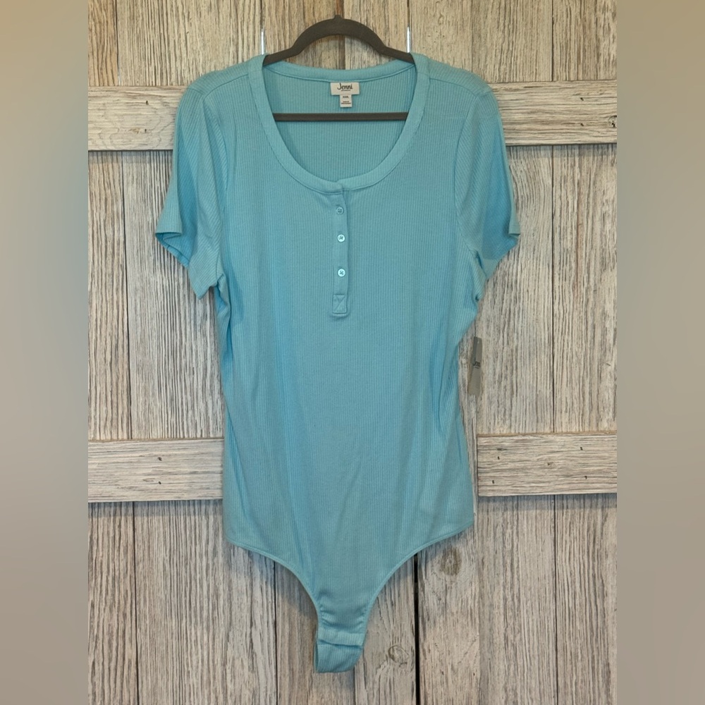 Jenni Light Blue  Ribbed Bodysuit w/Round Neckline and 4 Buttons NWT Sz XXXL